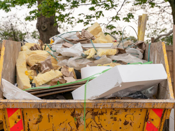 Yellow,Industrial,Metal,Skip,Full,Of,Construction,Rubbish,Ready,For